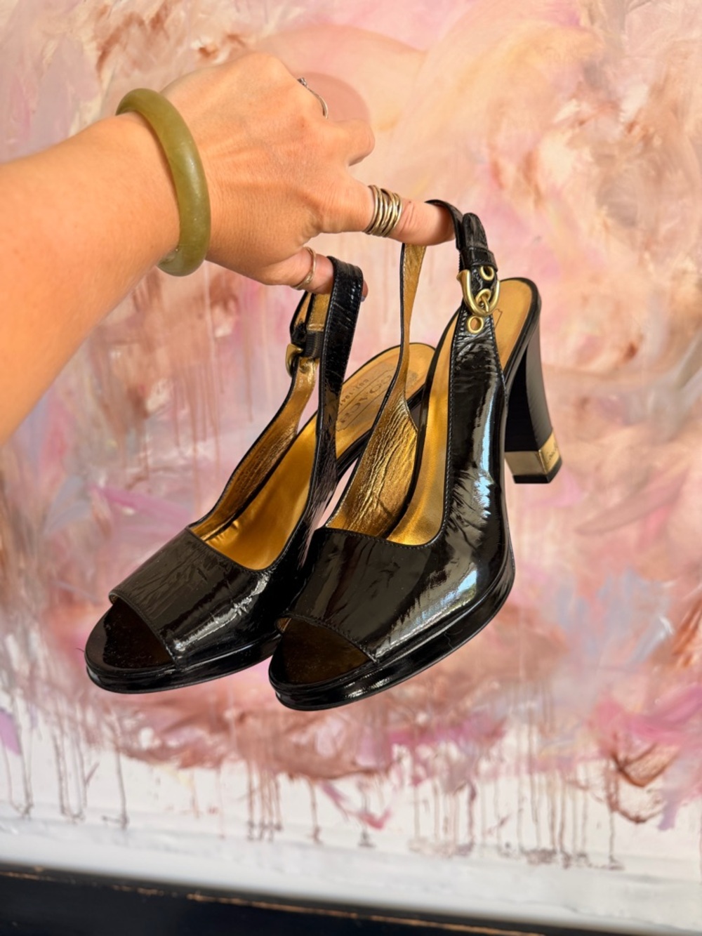 Coach Black Patent Slingback Block Heel Sandals